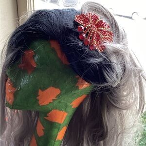Huge red rhinestones hair beret and brooche